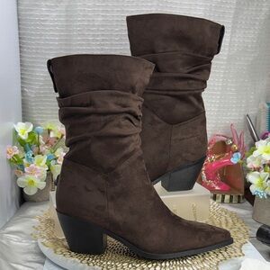 (E2) MY Paris X,Women's Calf-High Slouchy Cowboy Boots, Brown Suede Boots, 10(3)